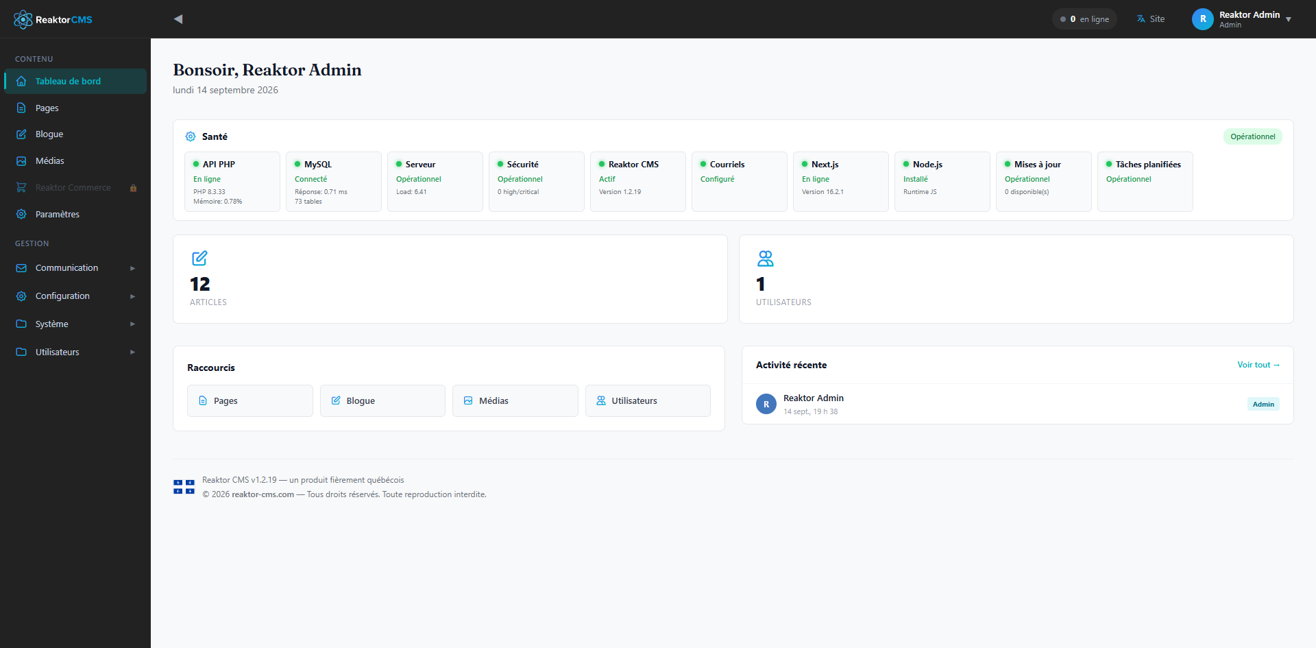 Tableau de bord de Reaktor CMS — administration
